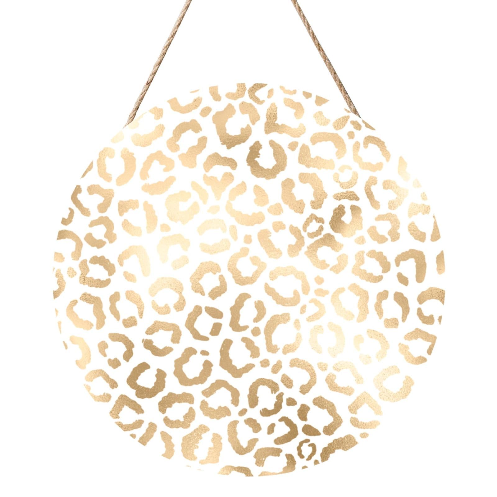 InOmak Elegant Gold White Leopard Cheetah, Round Wood Panel Painting 12 in, Wall Hanging Painting For Home