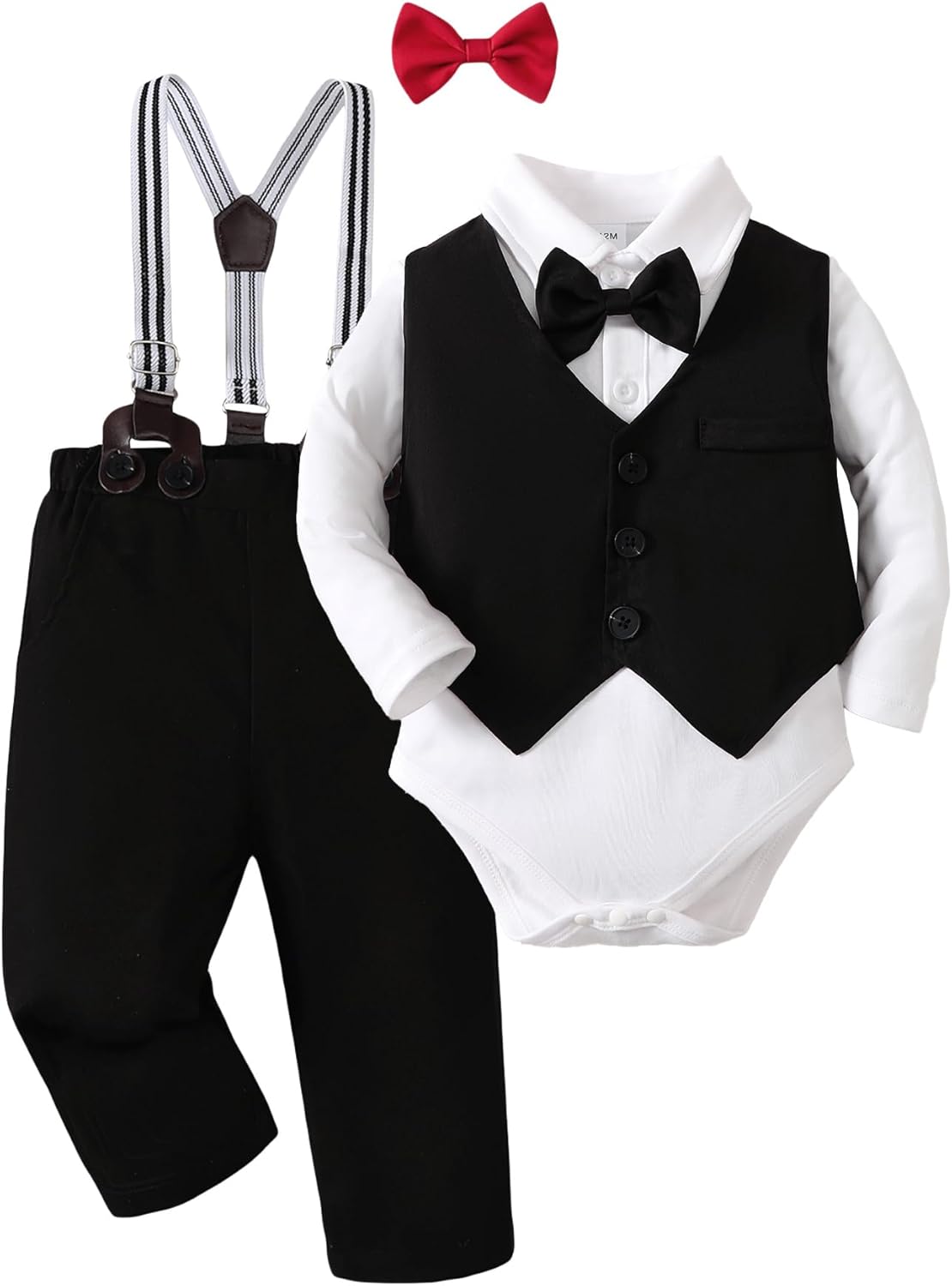 NZRVAWS Newborn Baby Boy Clothes Suit Tuxedo Baptism Outfit Christening Top+Suspenders Pants+Vest+Bow Tie 5PCS 0-24 Months