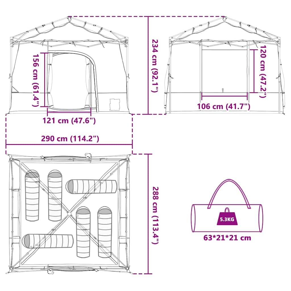 Innenzelt mit Dach aus TAFT Grün x x mit E-Port und Lichtaufhänger für Camping, Outdoor, Garten, Winddicht, leicht, mit Moskitonetz, inklusive Heringe und Tragetasche