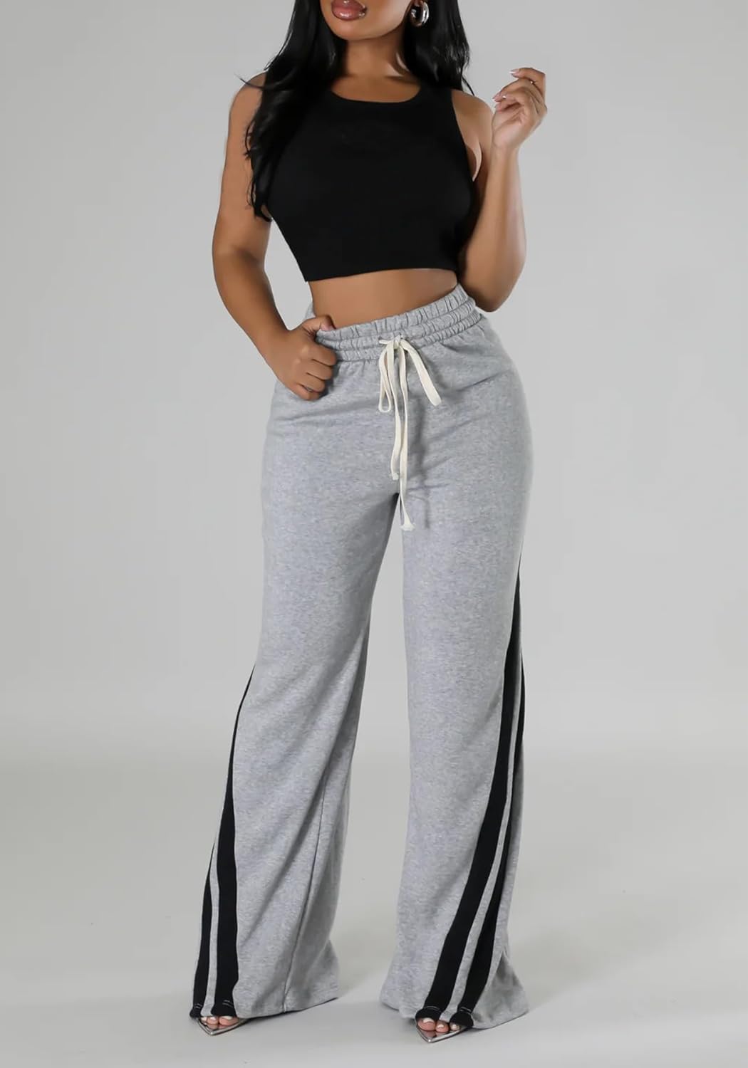 Unybwonn Women High Waist Wide Leg Sweatpants Straight Leg Elastic Waist Pants Casual Striped Pants with Drawstring - Image 4