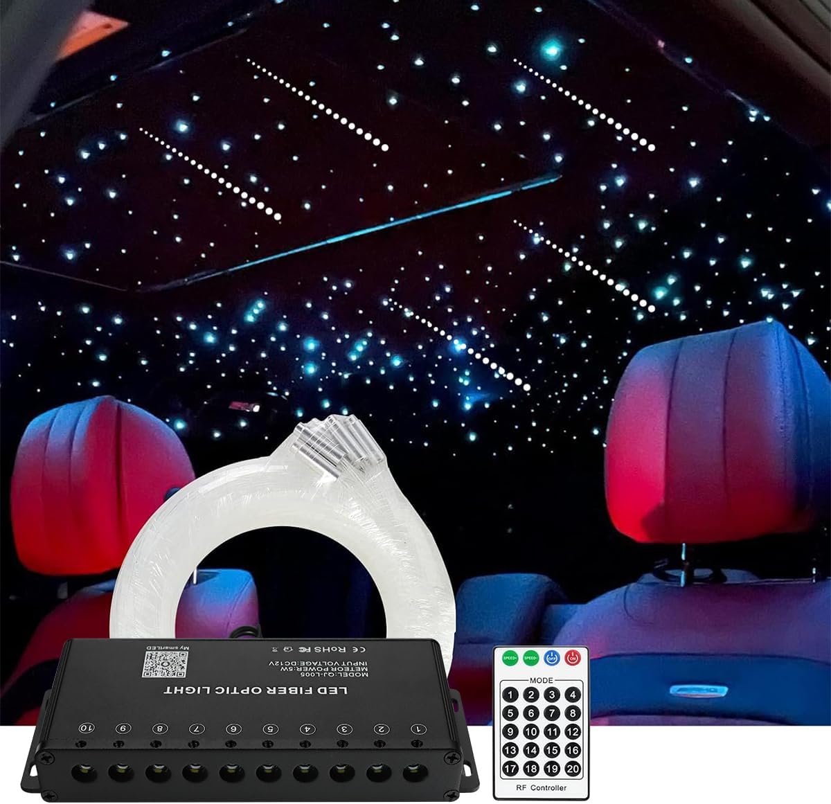 AMKI 100pcs*0.04in*13.1ft Pure White Shooting Stars Effect Fiber Optic Lights Kit,10Holes LED 5W Meteor Light Engine with Bluetooth+RF Remote Control 20 Meteor Modes