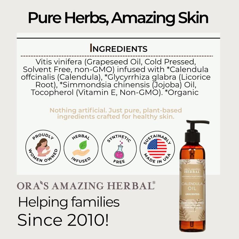 Image of Calendula Oil, Unscented Moisturizing Body Oil for Dry Eczema prone Skin with Calendula, Licorice, Jojoba, Lightweight Face Oil Cleanser for Smooth Radiant Skin, Travel size 2 oz, Ora's Amazing Herbal