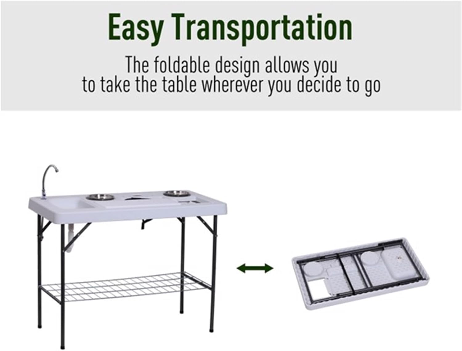 Portable Folding Camping Table, Dining Table, Picnic Table with Integrated Sink, Folding Legs, Wire Mesh Frame, Suitable for Picnics, Camping, Fishing, Hunting and Other Outdoor Activities, White