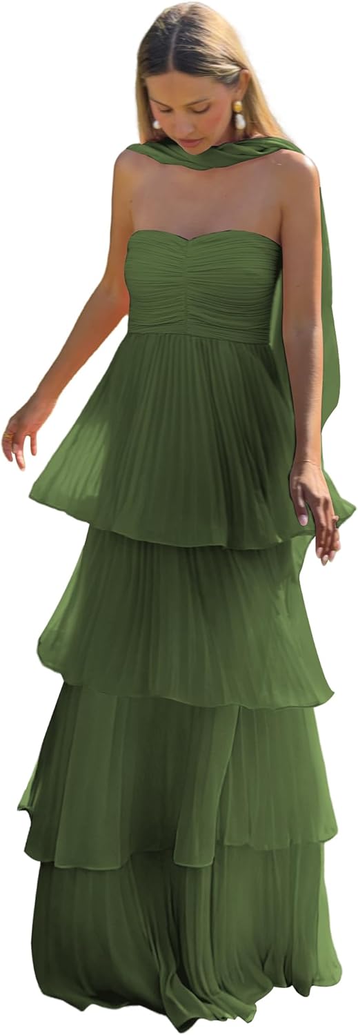 Jicht Strapless Bridesmaid Dress with Scarf Chiffon Long Tiered Halter Formal Dress Maxi for Women JA001