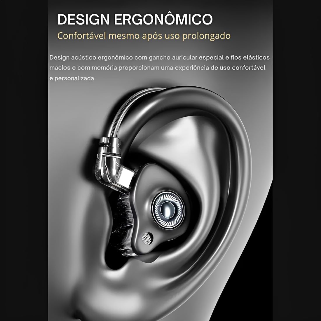 Close-up of the ergonomic design of the LE-0273 earphone fitting into an ear.