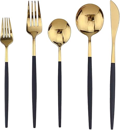 Miniatura 2 de Gugrida Juego de cubiertos de 10 piezas de acero inoxidable 304 con mango negro, tenedores dorados, cucharas, cuchillos, cubiertos pulidos con