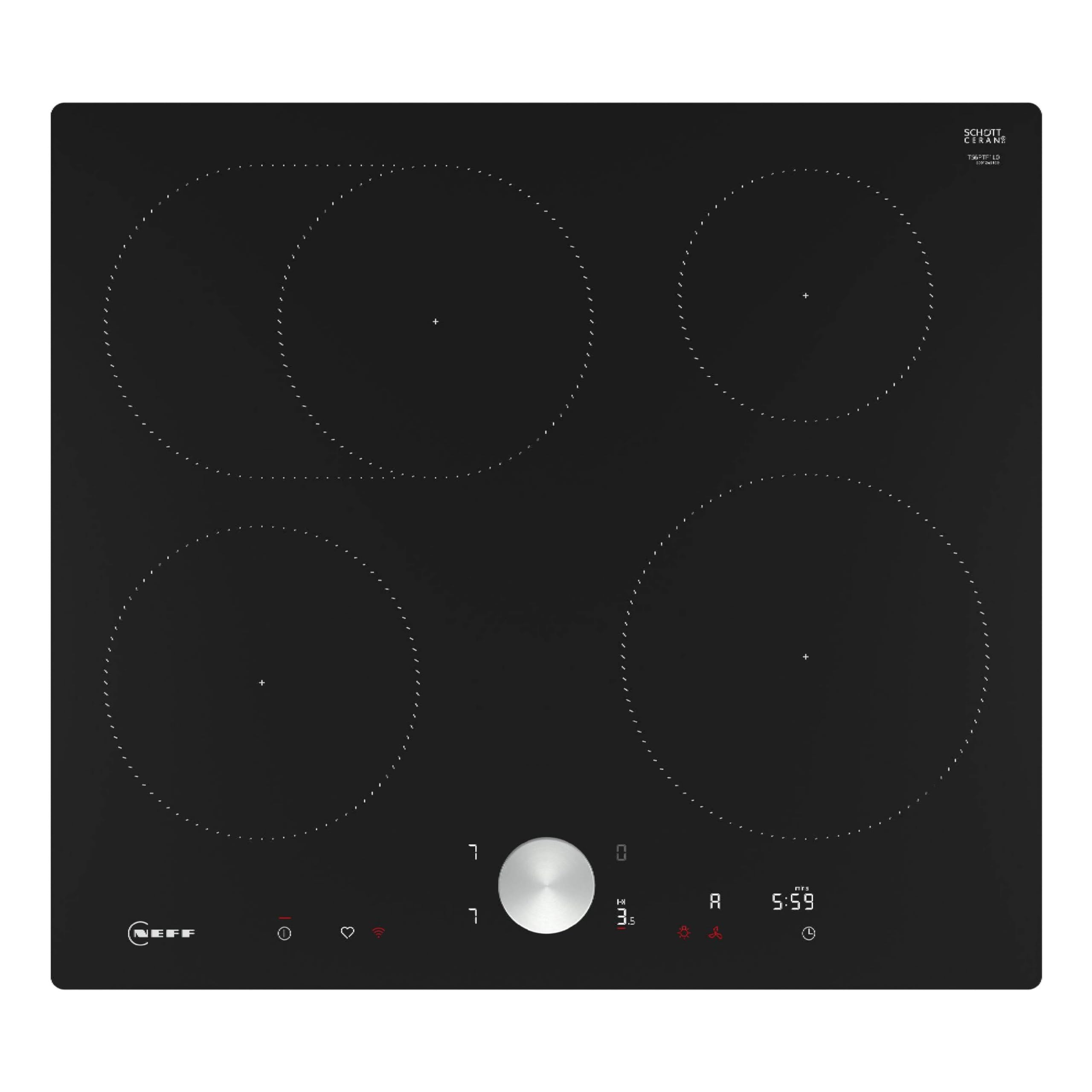 NEFF T56PTF1L0, N 90, Induktionskochfeld, autarkes Glaskeramik-Kochfeld 60 cm breit, Twist Pad, Home Connect, Smart Hood Automatic, Powerstufe, flächenbündig, Schwarz