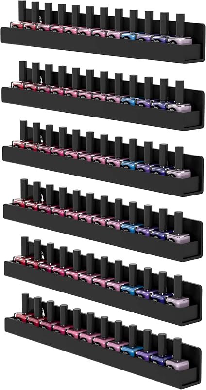 FEMELI Nail Polish Wall Rack, 6 Shelves Acrylic Organizer (15 Inch, Black) | Acrylic Nail Polish holder wall for 66-90 Bottles, Multi-Purpose Floating Shelves for Nail Salon, Small Space