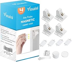 vmaisi Safety Magnetic Cabinet Locks (4 Locks + 1 Key) Bundle with Extra Baby Proof Magnet Key, Work with Adhesive for Kitchen Cabinets, Drawers