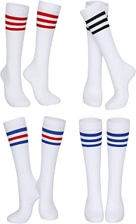4 Pairs Kids Soccer Socks Sport Stockings Long Tube Socks Three Stripes Over Knee Socks Cute Running Athletic Socks for Youth Kids Girls, 4 Styles, 7-12 Years Old