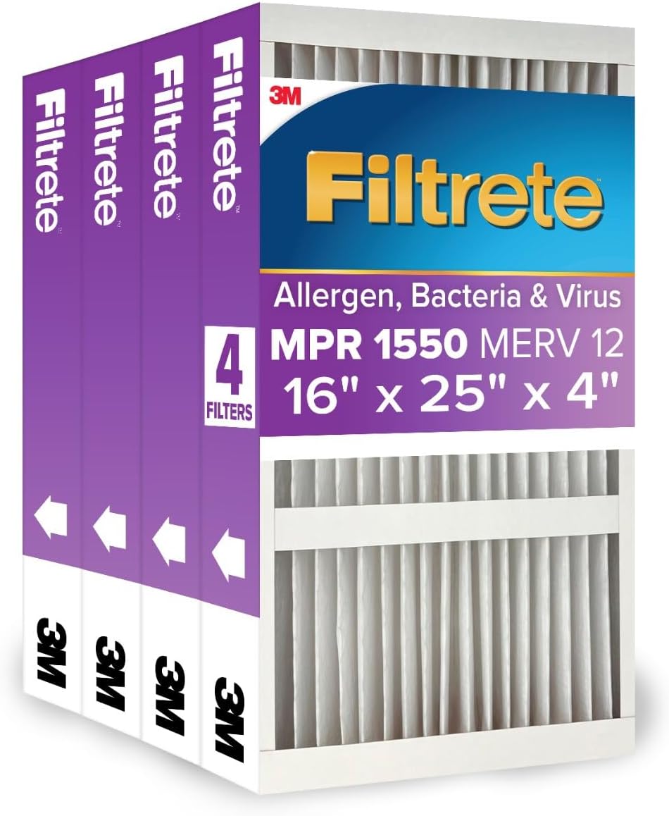 Filtrete 16x25x4 AC Furnace Air Filter, MPR 1550, MERV 12, Fits Lennox & Honeywell, CERTIFIED Asthma & Allergy Friendly, Electrostatic Air Cleaning Filter, 4-Pack (actual size 15.88 x 24.56 x 4.31)