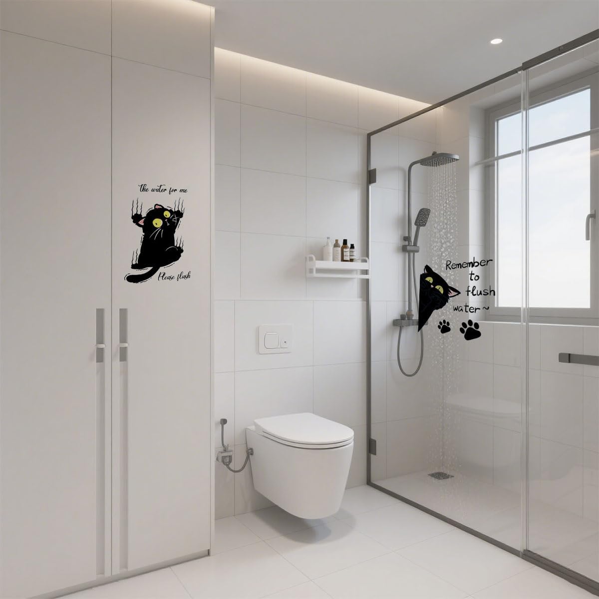 Funny Black Cat Toilet Sticker, Bathroom Wall Decal, PVC Waterproof Removable, Remember to Flush Design, 2 Sheet