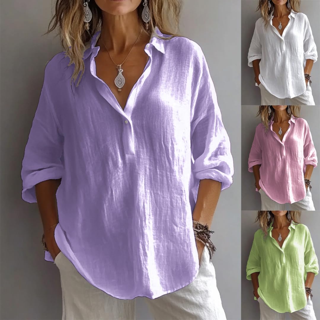 Chemise en Lin V, Top Ample Manches 3/4(Rose,as4,Alpha,XX_l,Regular,Regular)
