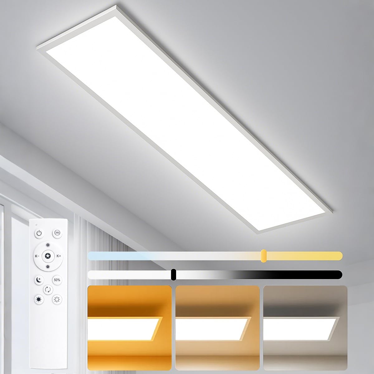 LED Panel Deckenleuchte 120x30cm - 40W 4400lm - Dimmbar, 3000K/4000K/6500K Einstellbar Farbtemperatur, Flimmerfrei - Deckenlampe mit Fernbedienung, Nachtlicht - Ideal für Büro, Wohnzimmer, Werkstatt