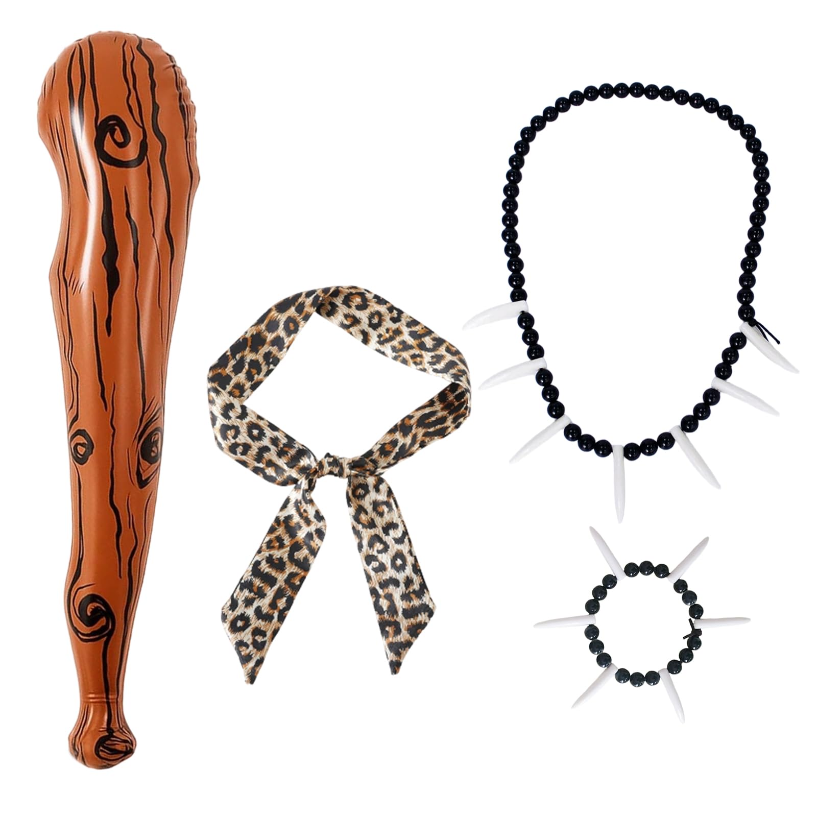 SNBUHA 4 Pieces Caveman Costume Accessories Adult, Inflatable Wooden Stick and Headband Ivory Bracelet Necklace