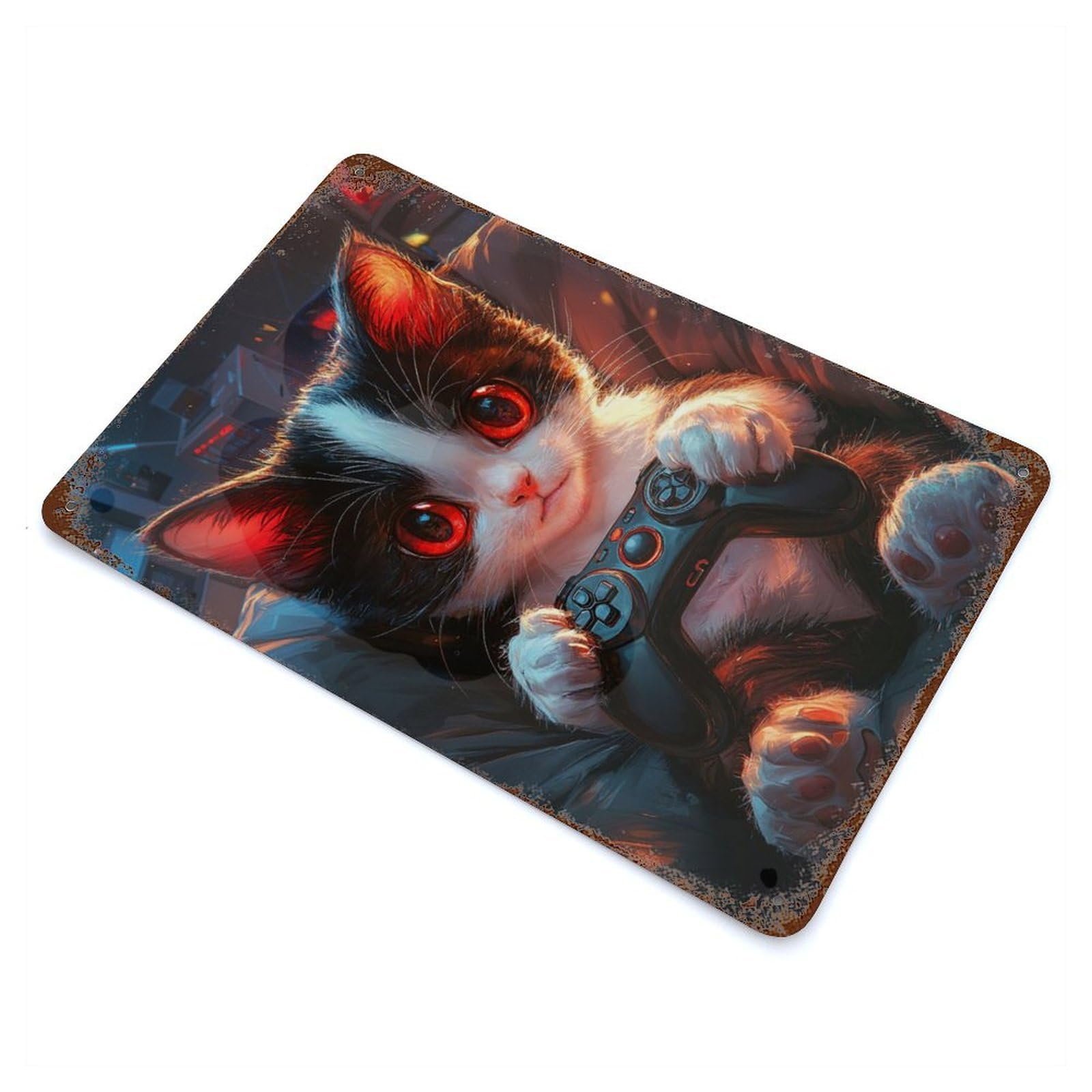 Gamer Cat Vintage Wall Sign 11.8"x7.9", Rust Effect Metal Decor for Office, Studio And Wall Decor