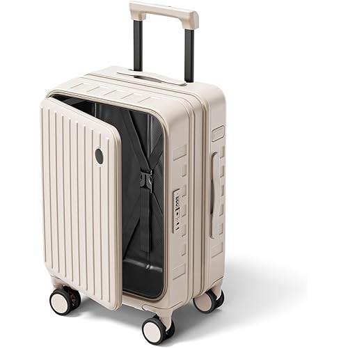 Expandable Lightweight PC Hard Shell Suitcase, Carry On Luggage with TSA Lock, 360° Silent Spinner Wheels, Top Opening & Cup Holder - Ideal for Business Travel Suitcase (Beige)