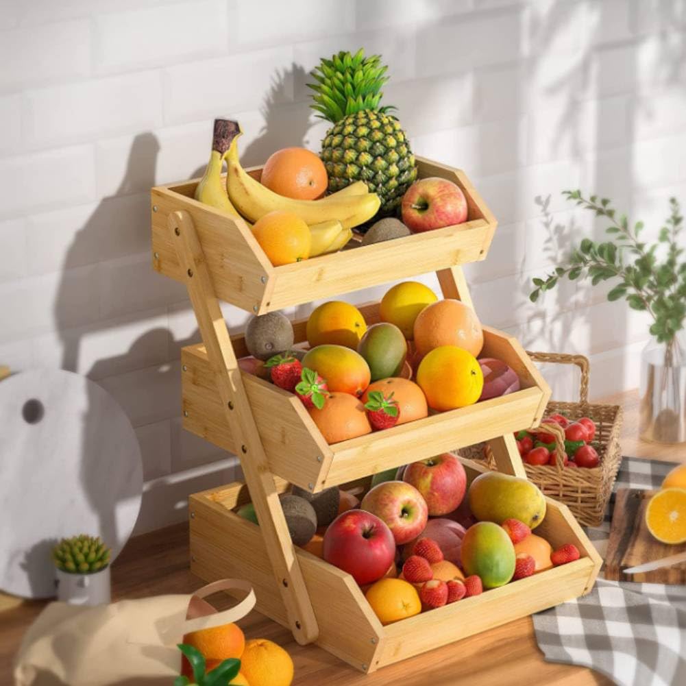 Tyenaza Obstkorb Bambus, 3-stufiger Obst und Gemüse Aufbewahrung Obstschale Abnehmbarer Obstständer Aufbewahrung Halter für Gemüse Snacks Brot Küche