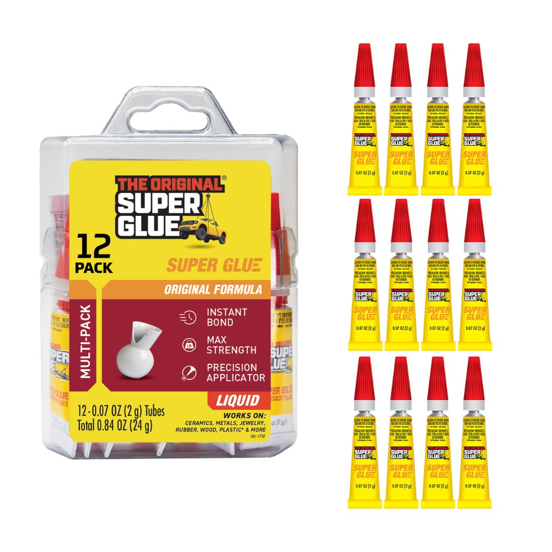 Product image of Super Glue Liquid, 2 Gram Tubes, 12-Pack, Clear, Instant Bonding, Fast Dry, Cyanoacrylate Adhesive, Precision Tip for Wood, Metal, Plastic, Crafts, Ceramic, and Toy Repairs