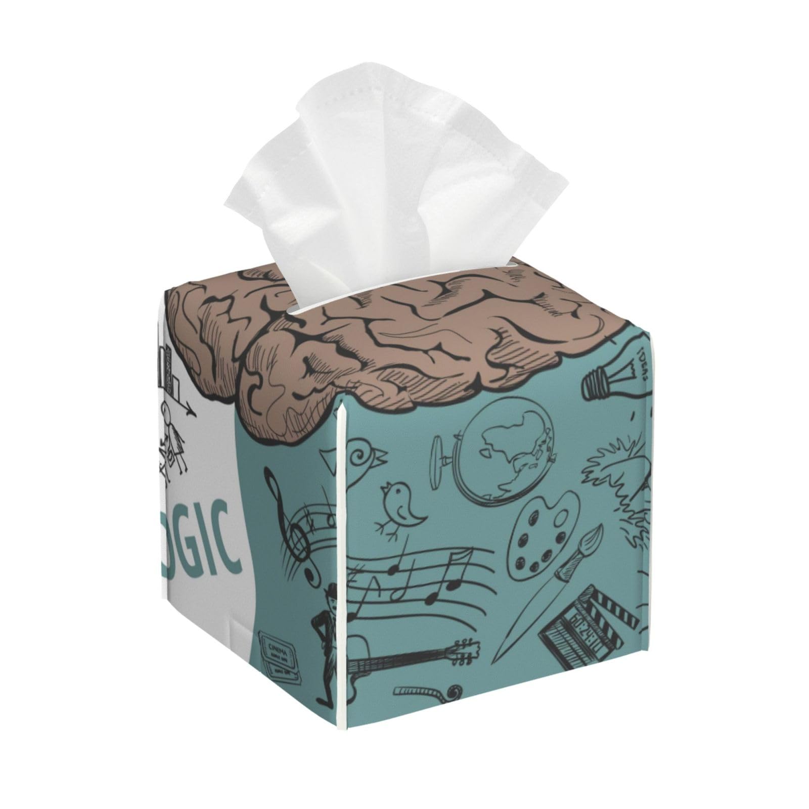 Brain Image with Left and Right Side Music Logic Artwork Side Science Print PVC Cube Tissue Pack for Home Office Bathroom Use