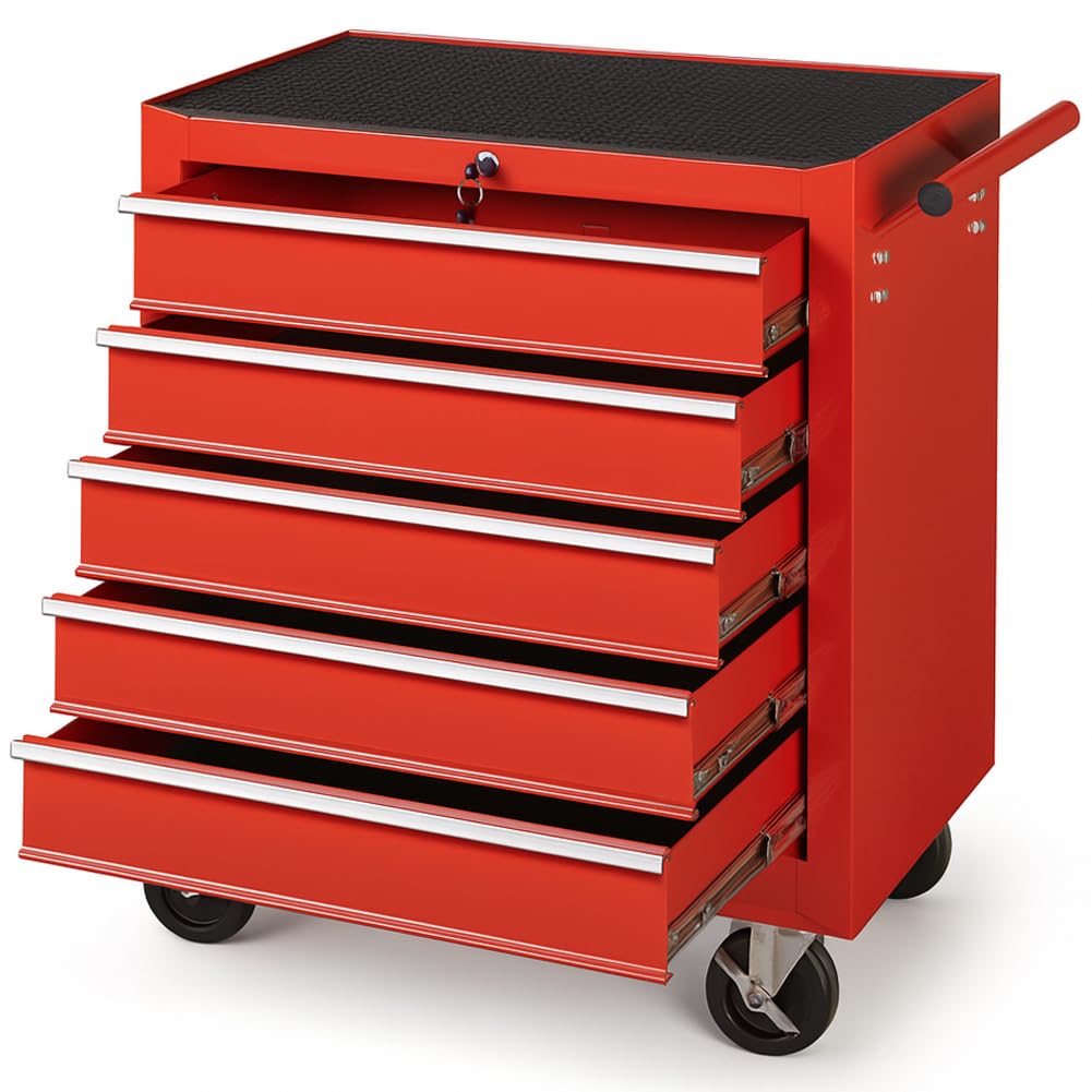 Carrello Portautensili con 5 Cassetti in Acciaio, Carrellino per Attrezzi Multiuso, Armadietto per Strumenti di Lavoro con Ruote, Ideale per Officine, Garage, Fai da Te, 68 x 33 x 78 cm