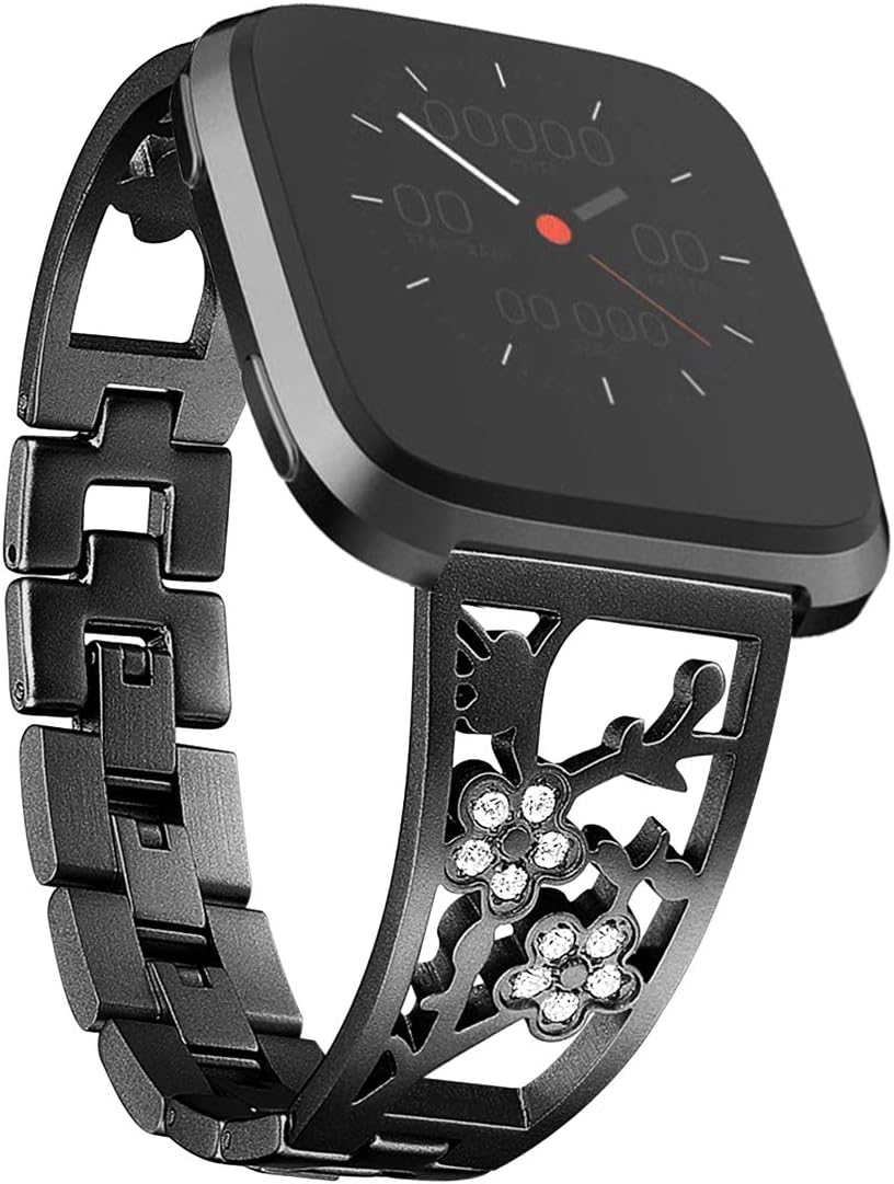 Stainless Steel Bands Compatible with Fitbit Versa 2/Versa Lite/Versa for Women, Luxurious Bling Bracelet with Rhinestone Metal Wristbands, Silver Rose Gold Black