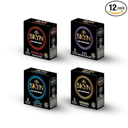 SKYN 3 Original + 3 Elite + 3 Extra lube + 3 Intense feel (Pack of 12 Non Latex Condoms)