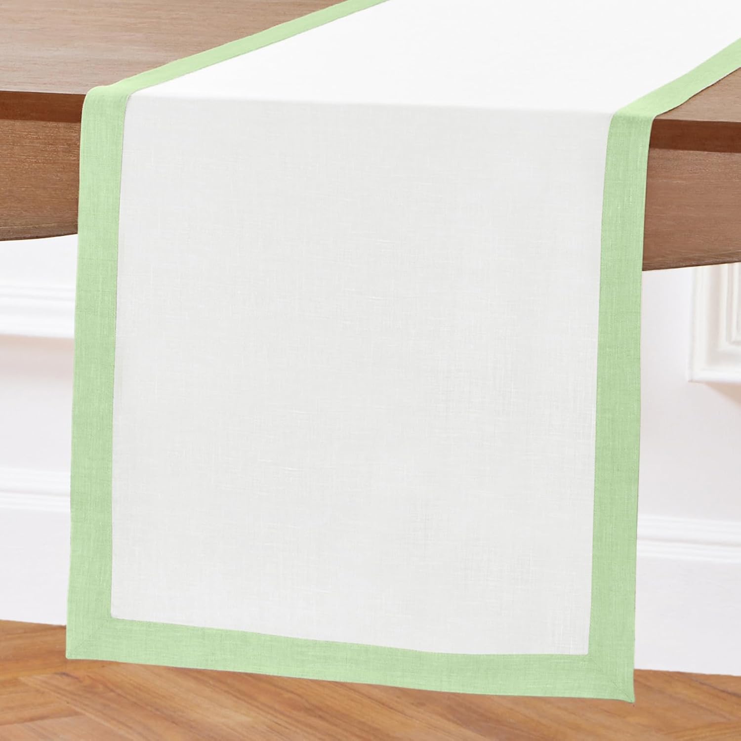 Solino Home Linen Table Runner 90 Inches Long - 100% Pure Linen Pastel Green and White Dining Table Runner 14 x 90 Inch for Spring, Summer, Mothers Day - Classic