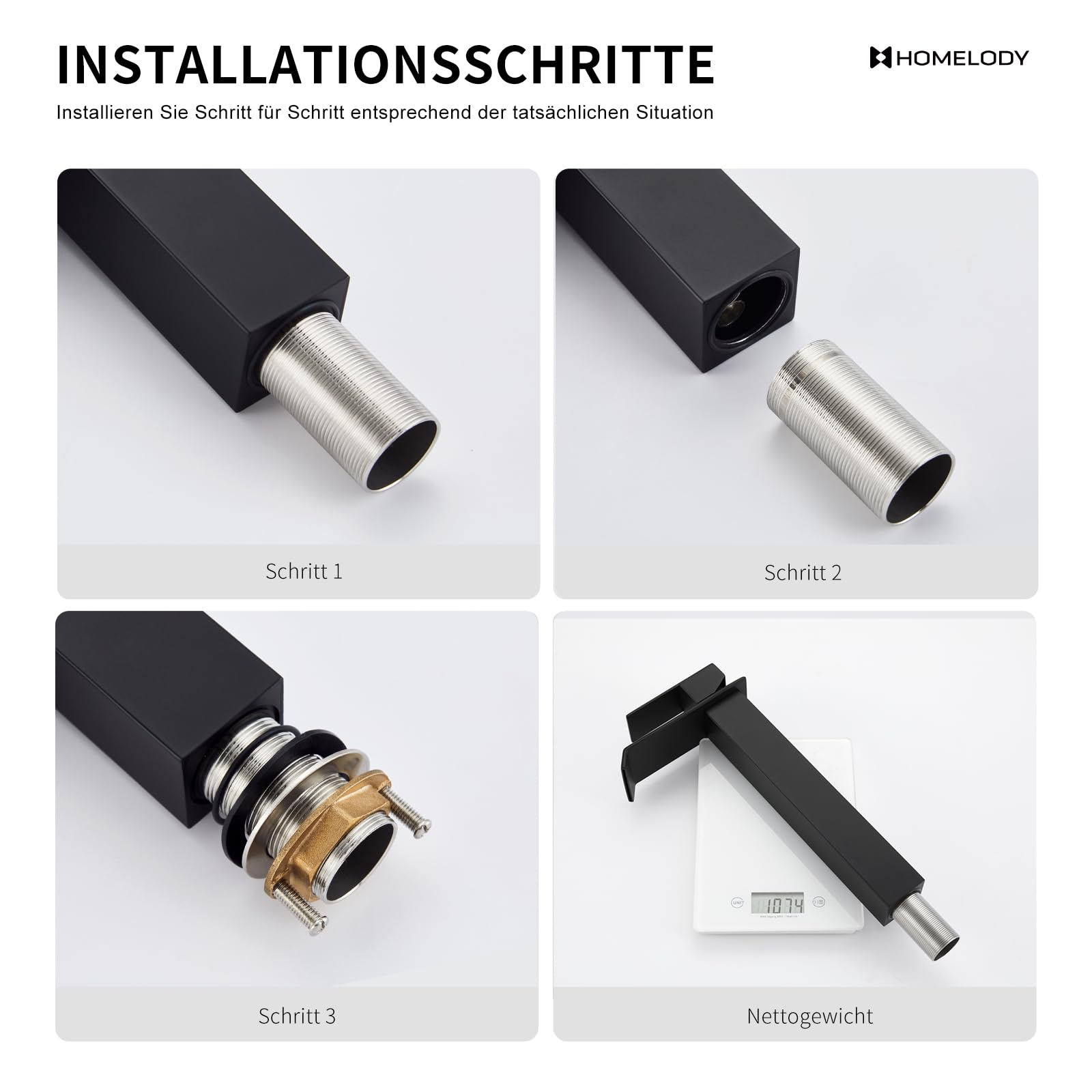 HOMELODY Wasserhahn Bad Schwarz, Wasserfall Einhandmischer Mischbatterie Waschbecken Waschtischarmatur mit Auslauf Höhe 247MM, Energiesparend Armatur Badezimmer, Eckig