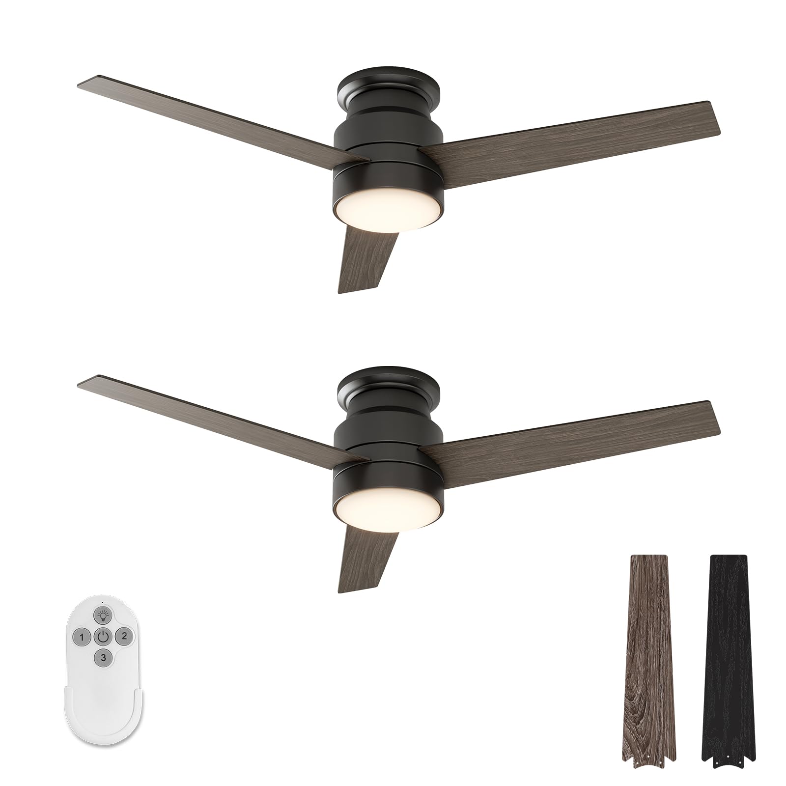warmiplanetFlush Mount Ceiling Fan with Lights Remote Control, 52-Inch, Black, 3-Blades, 2 Pack