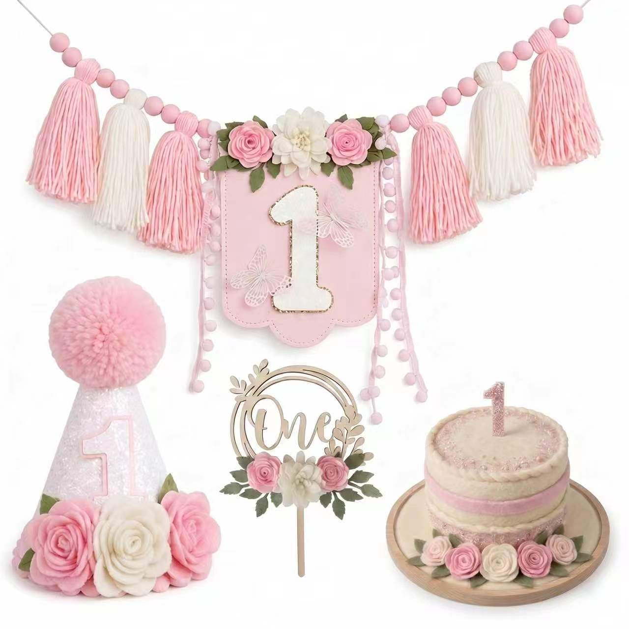 1st Birthday Hat and One Banner Set First Birthday Decorations for Boys and Girls 1st Birthday Highchair Banner with 1st Birthday Hat and One Birthday Cake Topper for 1st Baby Party Decoration