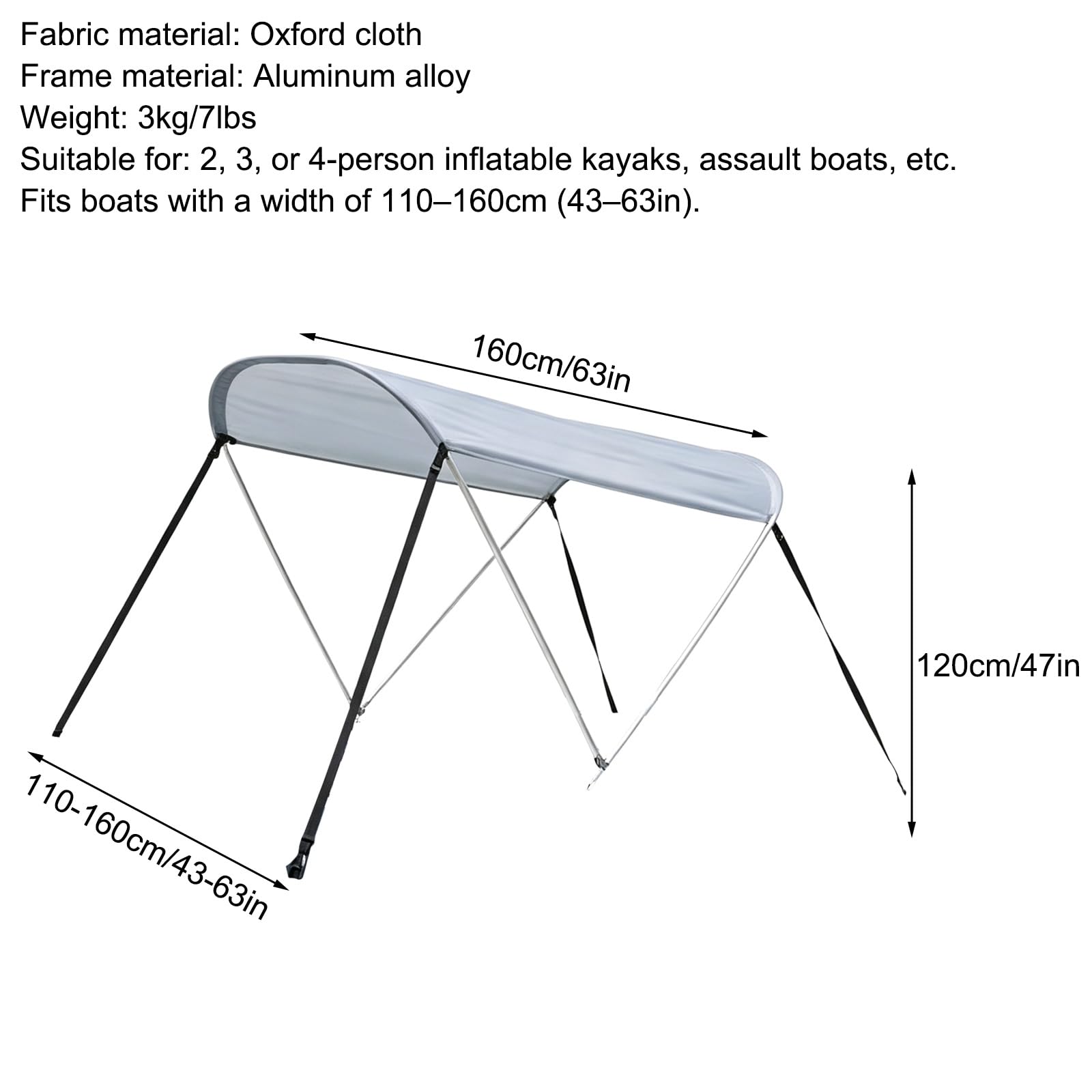 Tendalino Barca 2 Archi Larghezza 110-160cm Tendalino Gommone | Tessuto Oxford 600D, Lega di Alluminio, Leggero 3 Kg, per Kayak, Pesca e Tempo Libero, Adatto a Barche da 110 a 160cm