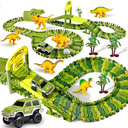 PEIKAIRS Dinosaur Toys for Kids 3-5,197pcs World Race Track Toys,Flexible Track Playset with 1 Dinosaur Car and 6 Dino Toys, Toys for Kids 3 4 5 6 Years Old,Gifts for Child Boys and Girls