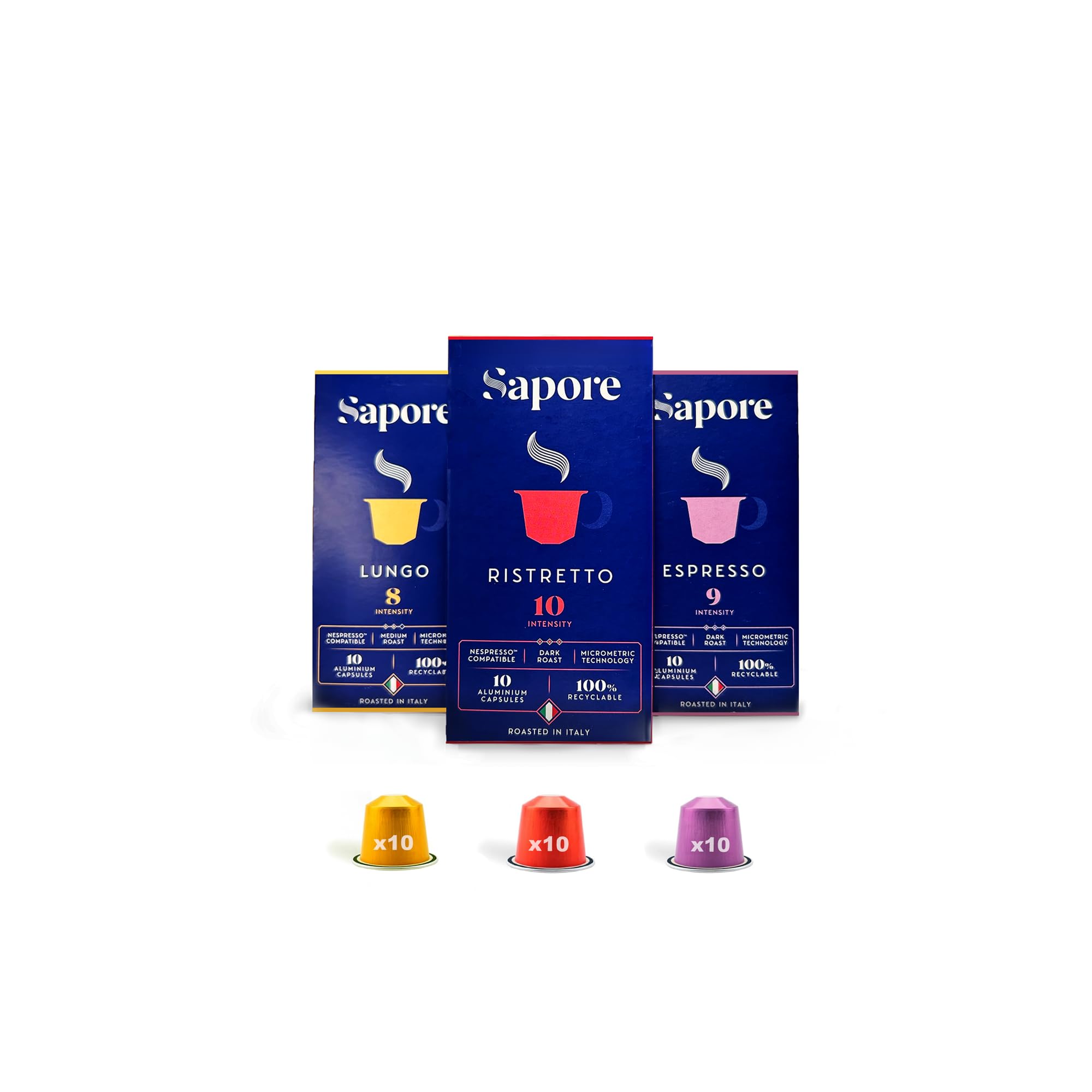 Sapore Coffee Variety Pack - x30 Capsules - Aluminium Coffee Pods Compatible with Nespresso Original line - 3 different roasts: Ristretto, Lungo, Espresso, Made in Italy