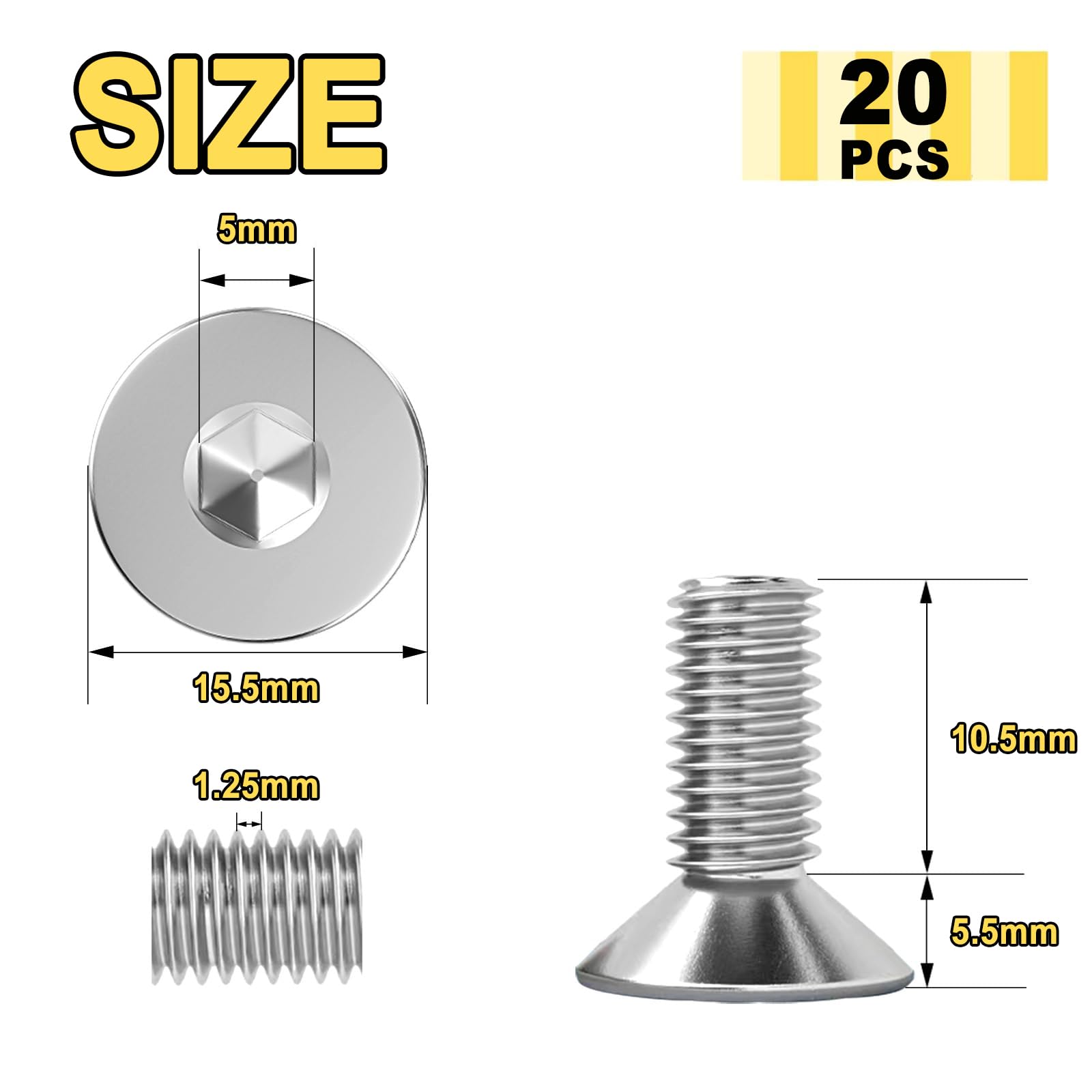 Wavanta 20Pcs M8 Bolts, M8 X 16mm Countersunk Bolts Screws, Flat Head Socket Cap Screws, 304 Stainless Steel, Full Thread - Image 2