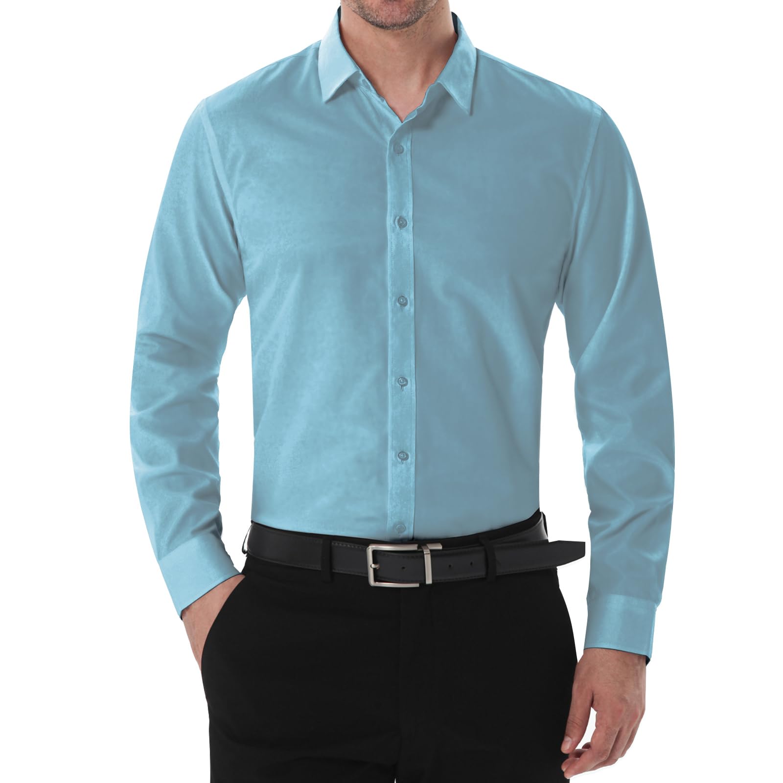 SIR7 Camisa de vestir elástica para hombre, de color liso, microelástica, manga larga, casual, suave, con botones