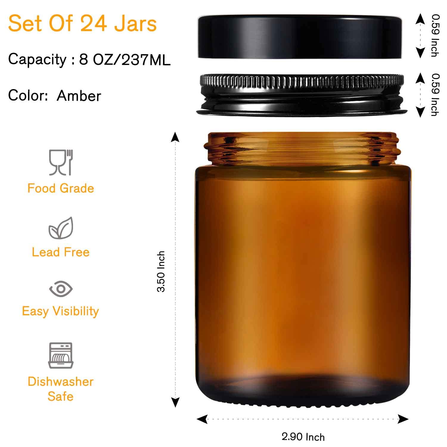 PrettyCare 24 Pack 8 OZ Amber Candle Jars for Making Candles, Round Glass Jar with Lids Leakproof Containers for Food Storage, Canning Jar for Spice, Liquid, Powder, Lotions