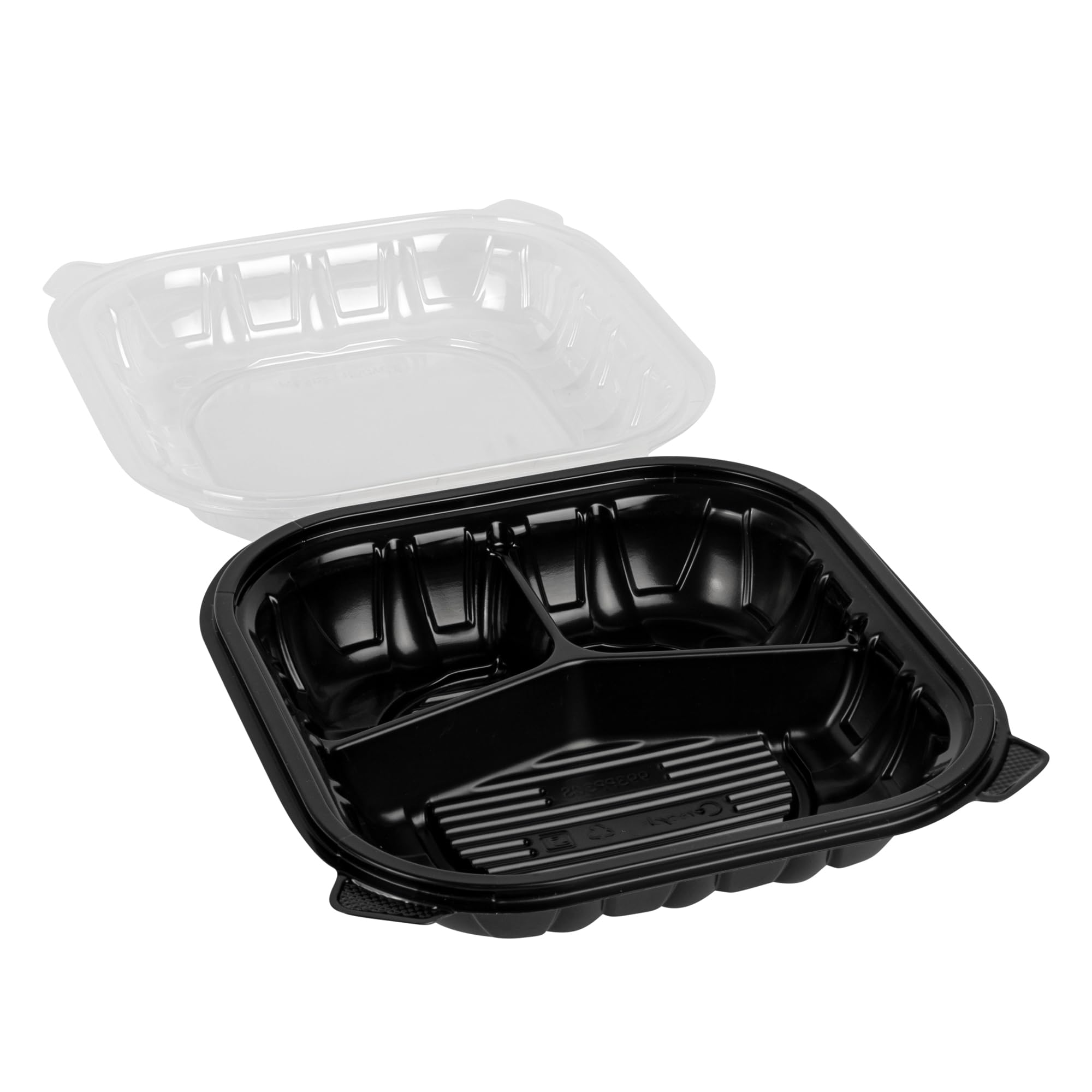 Restaurantware Thermo Tek pojemniki z klapką, 50 jednorazowych pudełek na wynos – 3 przegrody, wentylowane pokrywki, czarne plastikowe pojemniki do przygotowywania posiłków, nadają się do kuchenki