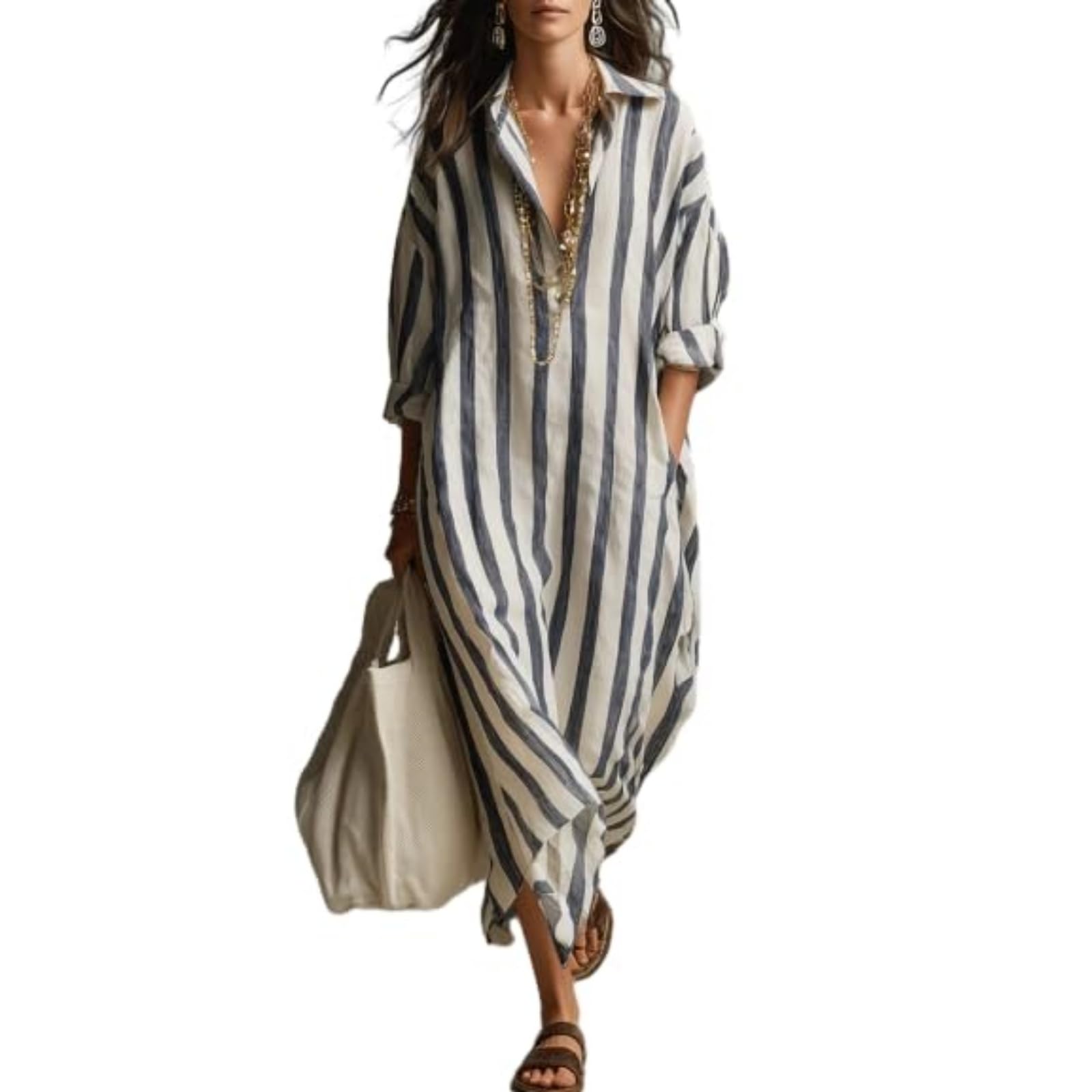 Vestido Camisero Maxi a Rayas para Mujer | Verano | Manga Larga | Corte Holgado y Oversize | Cuello en V | Estilo Casual y Fluido | Abotonado | Kaftán