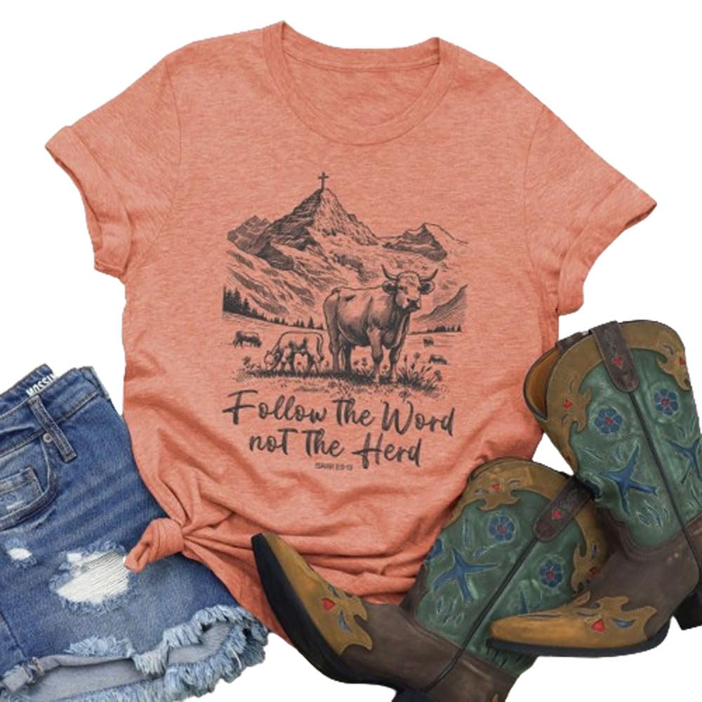 Follow The Word Not The Herd T-Shirt, Christian Western Country Shirt, Short Sleeve Crew Neck Graphic T-Shirt for Women