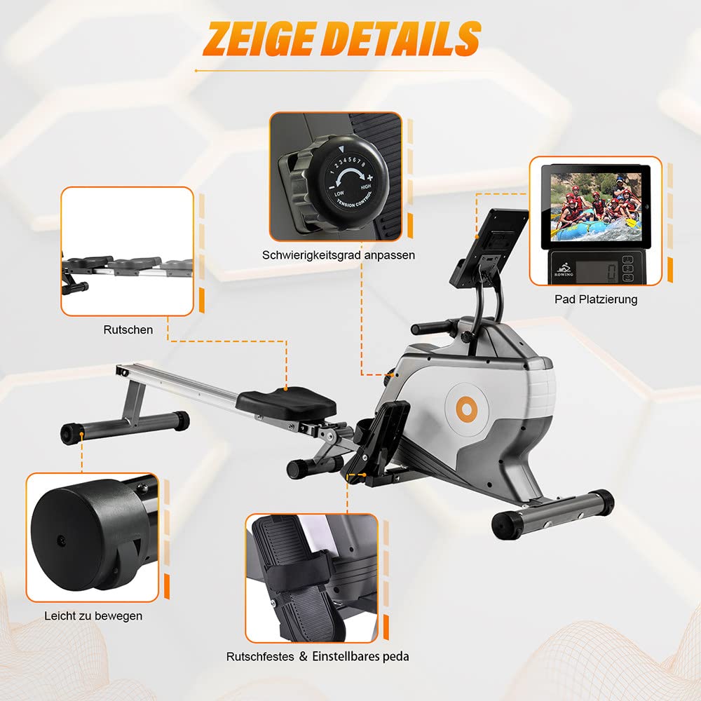 8 Niveaux RéGlable Rameur MagnéTique,Rameur D'Appartement Pliable,Rameur A Eau 120Kg,éCran LCD Multifonction,Double GlissièRes en Aluminium avec Support De Tablette,Machine Sport Maison.
