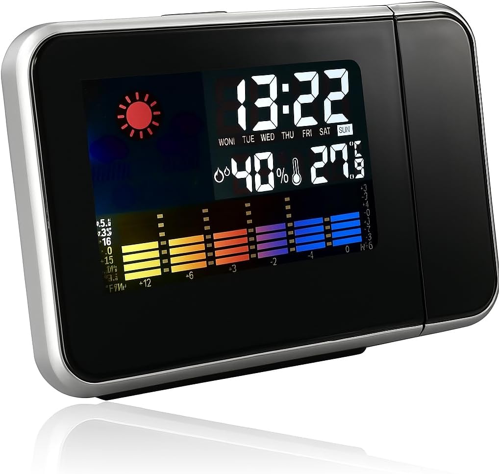 LCD Projector Digital Watch Alarm Clock, Temperature Humidity, Desktop, LED Backlight, Table Clock