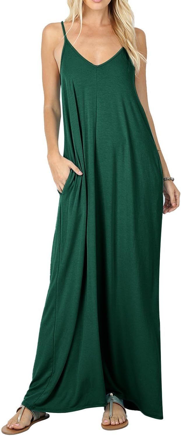 Stokeen Womens Summer Casual Plain Swing Pockets Loose Beach Spaghetti Strap Maxi Dress (Medium, Dark Green)