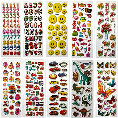 Pegatinas en Relieve Cerca de 250+ Infantiles Pegatinas Creativas 3D, 10 Hojas Variedad de Pegatinas para Regalos Gratificantes Scrapbooking Que Incluye Animales, Números, Frutas, Coche y Más Cover