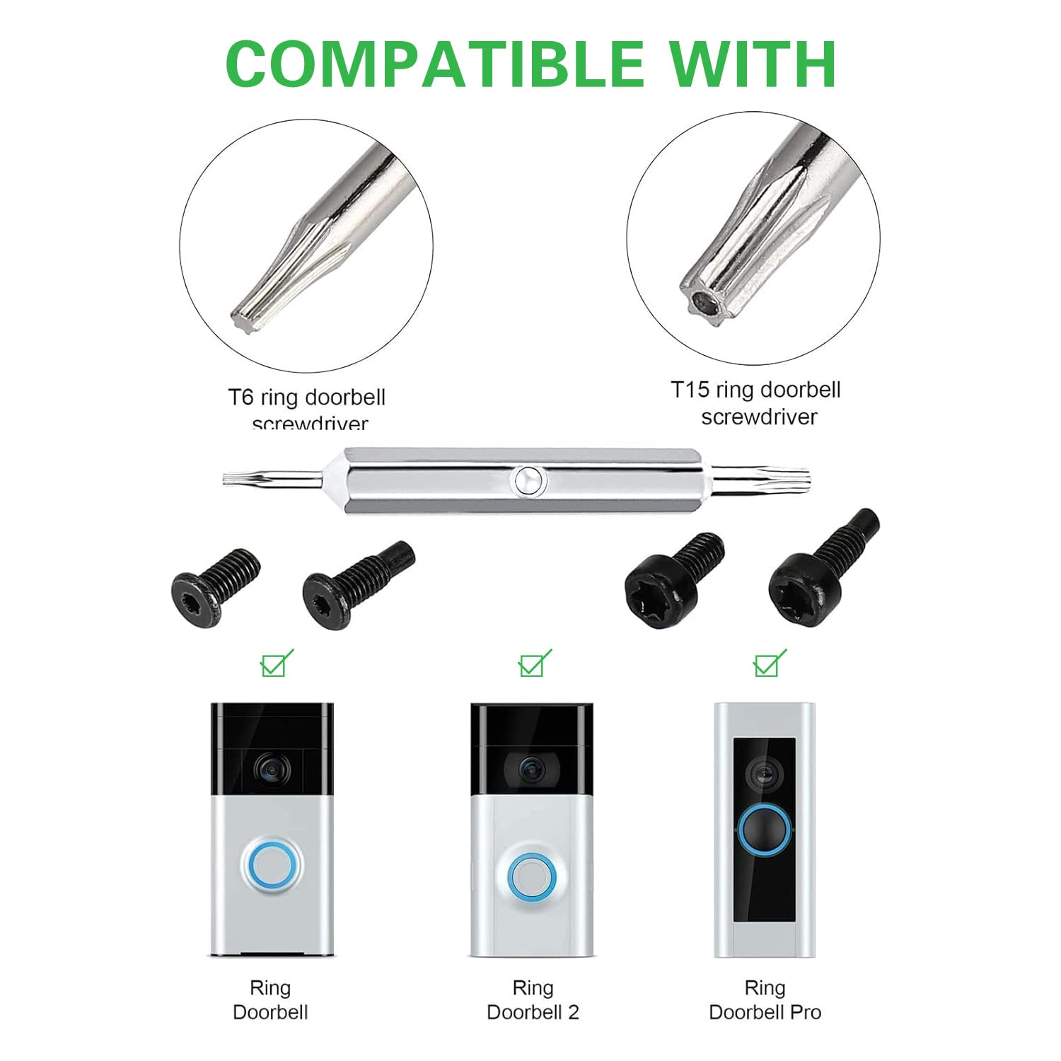 Ring Doorbell Screws - 20 PCS Double-Ended T6 T15 Security Screws for Ring 2nd Gen Doorbell (Green) - Image 3