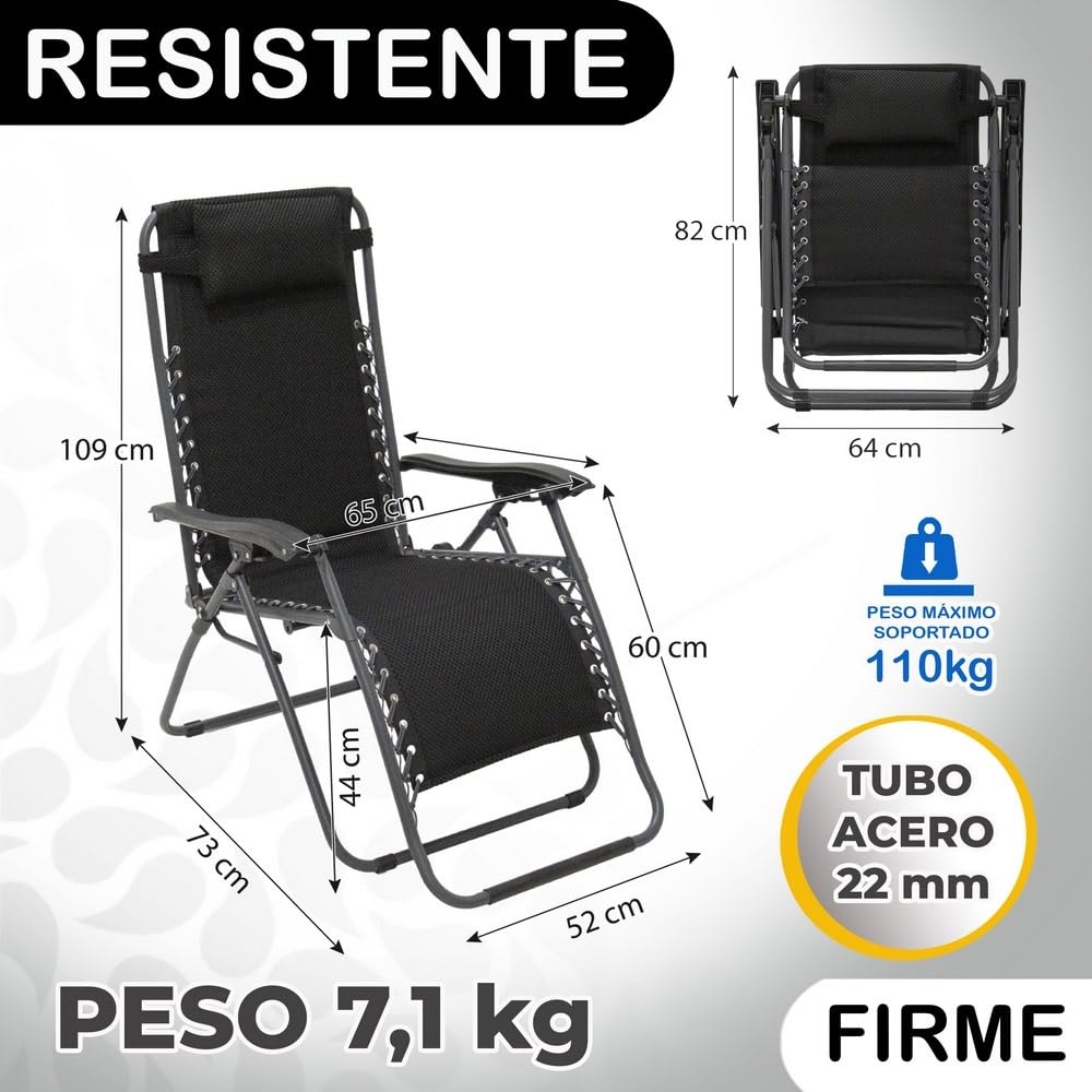 LOLAhome 2 sillas Gravedad Cero Camping jardín y terraza, reclinables, Bloqueo de Seguridad, Estructura Acero y Asiento Lona Oxford poliéster 3D Negras