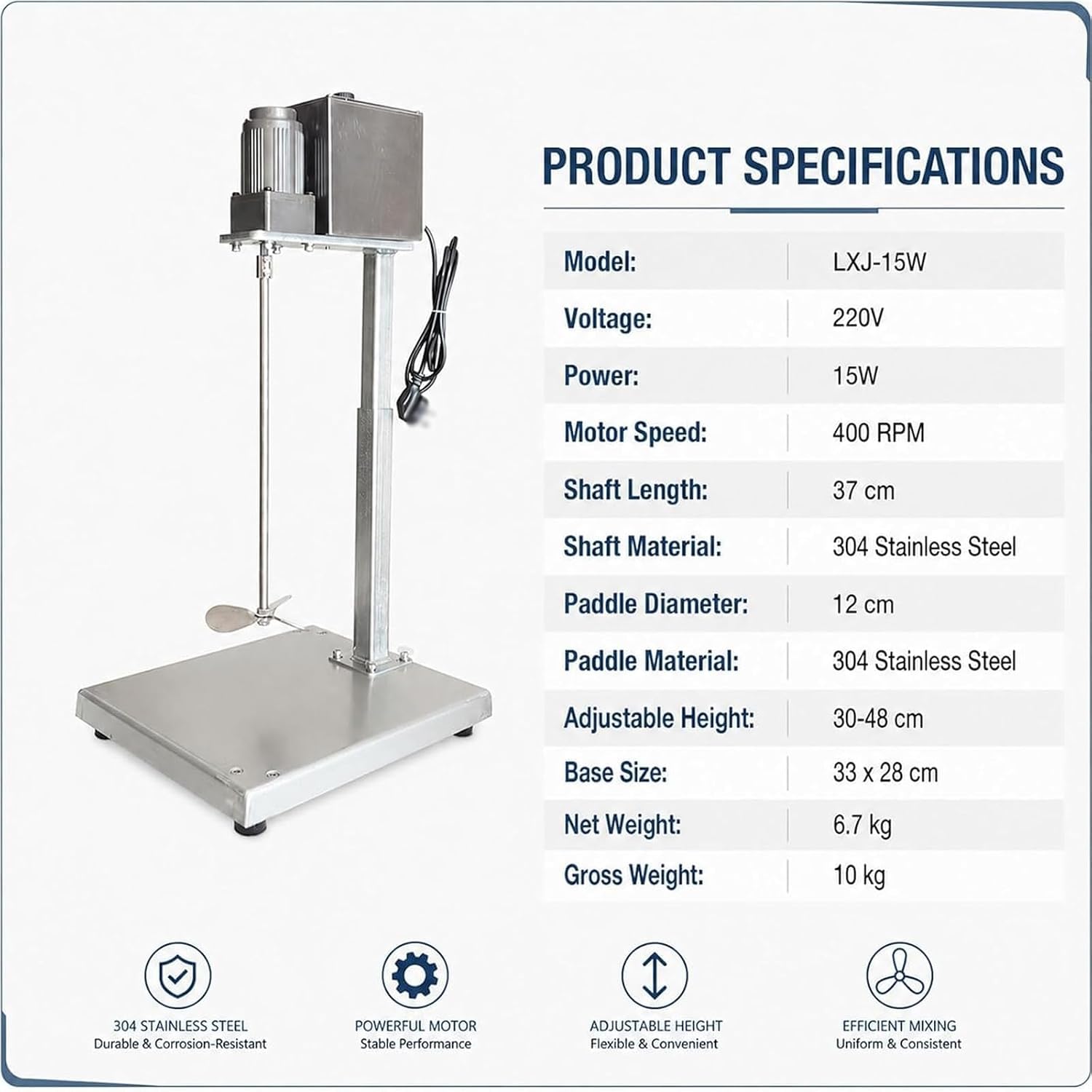 Mezclador de pintura vertical 400 trmin con soporte ajustable 30-48 cm, eje y pala de acero inoxidable para uso en taller o laboratorio. Mezclador versátil