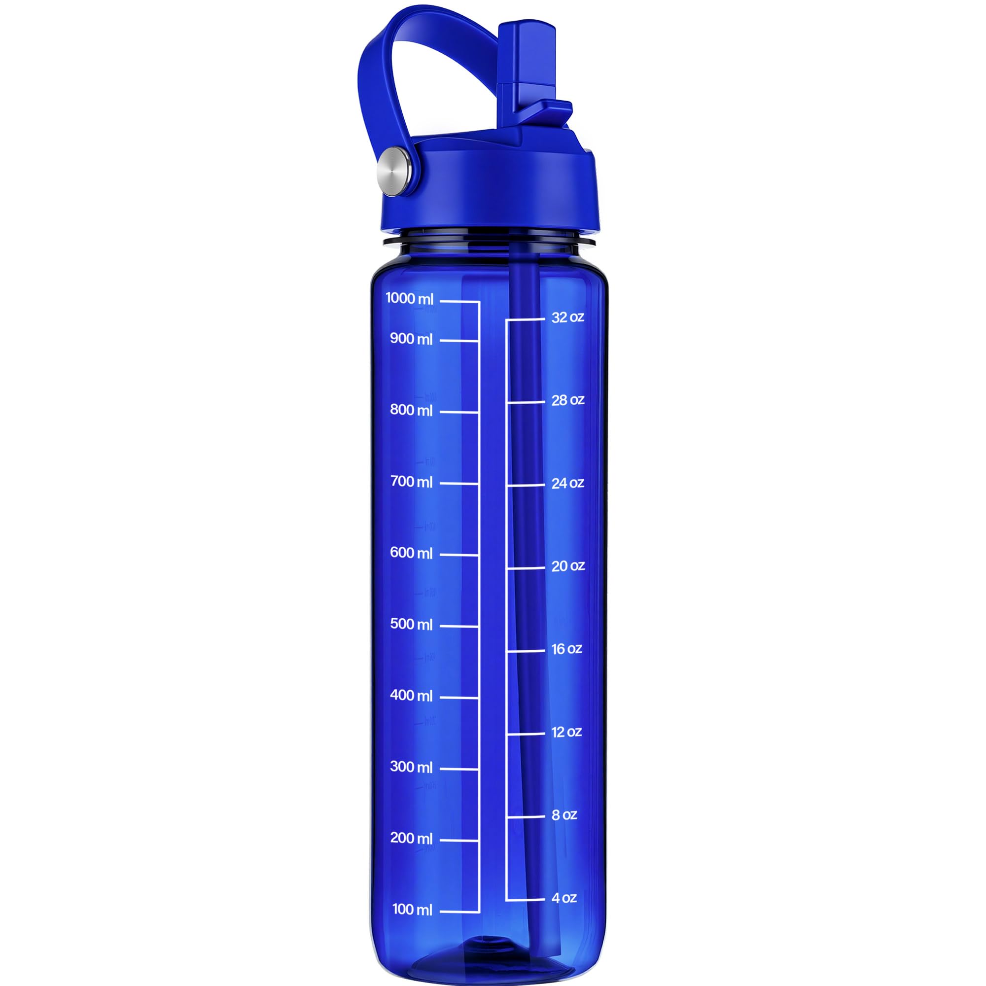 GOPPUS 1000ml/32oz Clear Water Bottle with Straw, Tritan Leakproof Sports Drinking Bottle, BPA Free Wide Mouth Gym Bottle with Handle and Measurement Marks for School, Gym, Travel (Royal Blue)