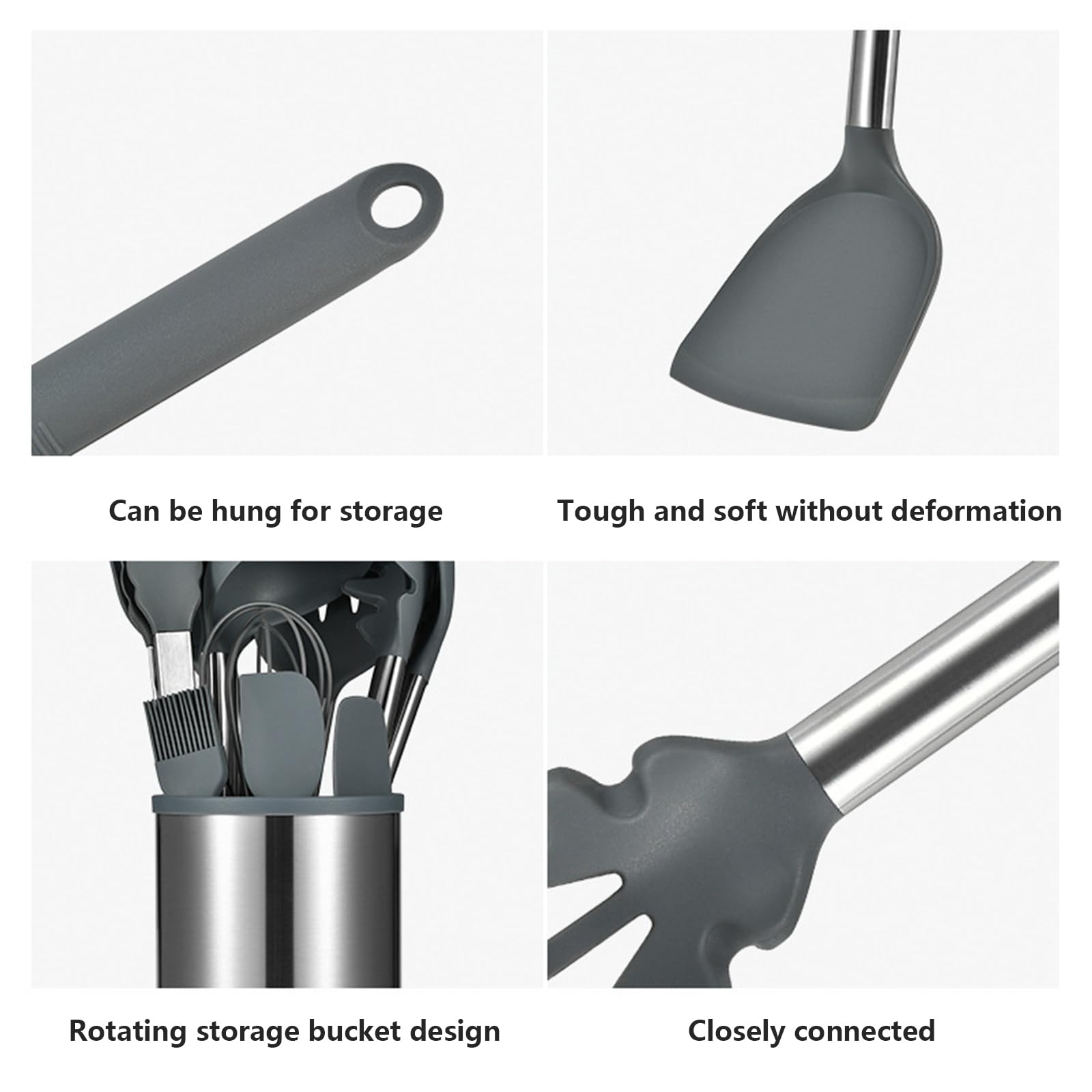 Generisch Kochutensilien Set, 12-teilig, Silikon und Edelstahl, hitzebeständig, spülmaschinenfest, inklusive Utensilienhalter, antihaft Kochen
