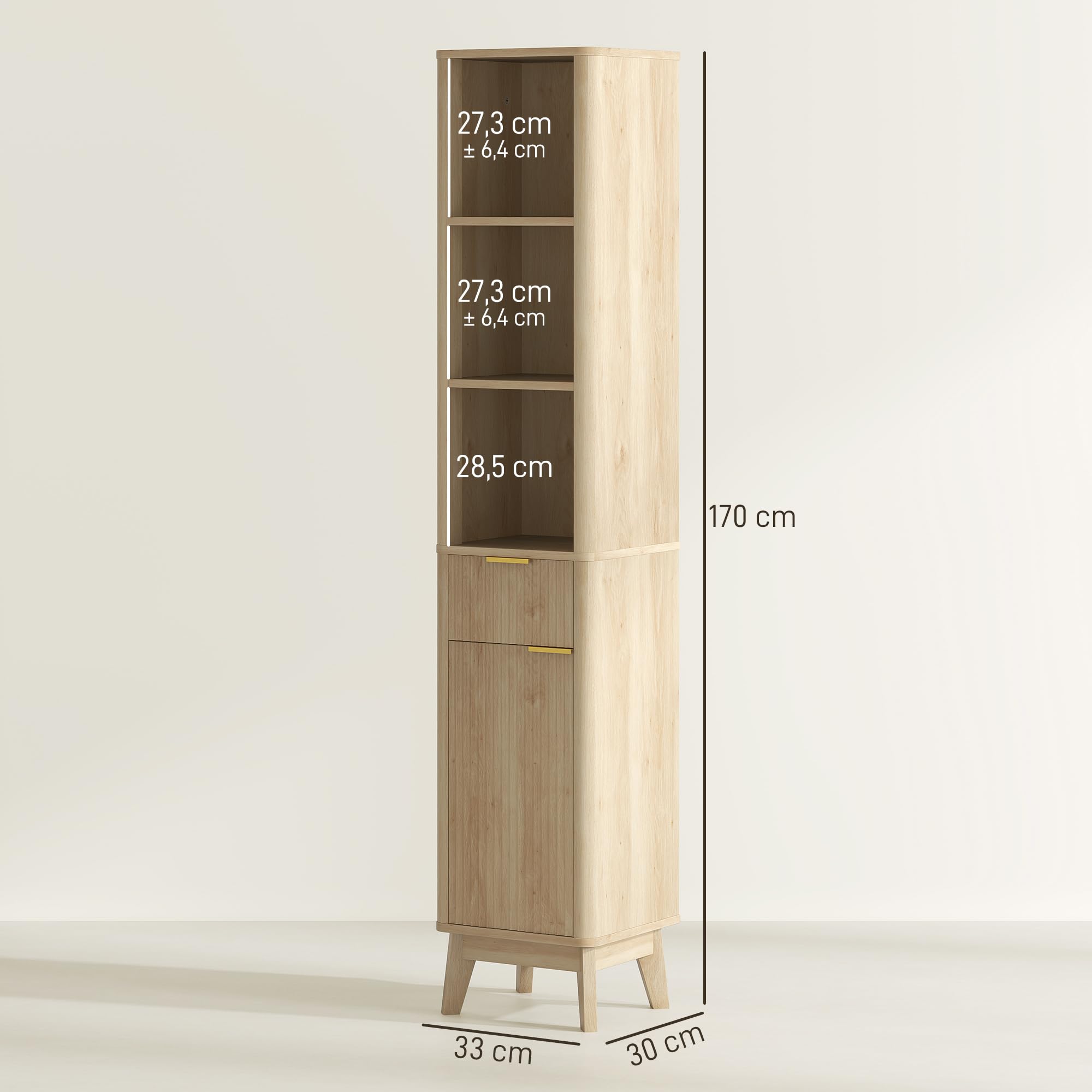 HOMCOM Mueble de Baño Estrecho Puerta de Acanalado 33x30x170 cm Natural | Columna de Baño, Cajón, 3 Compartimentos Abiertos, Estantes Ajustables